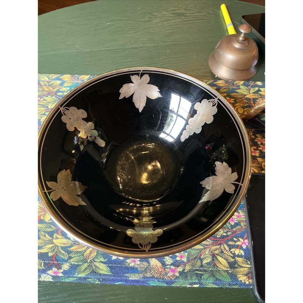 Vintage Black Amethyst Glass‎ Bowl Silver Overlay Grapes Art Deco Centerpiece